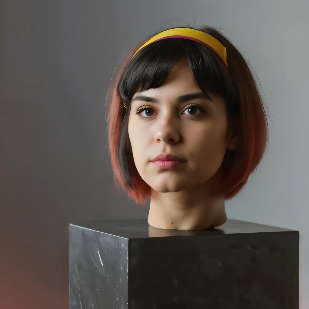((Disembodied head)), cute 25 Years old woman with bob black hair displayed on a simple black pedestal, detailed skin texture, (realistic), natural lighting, best quality