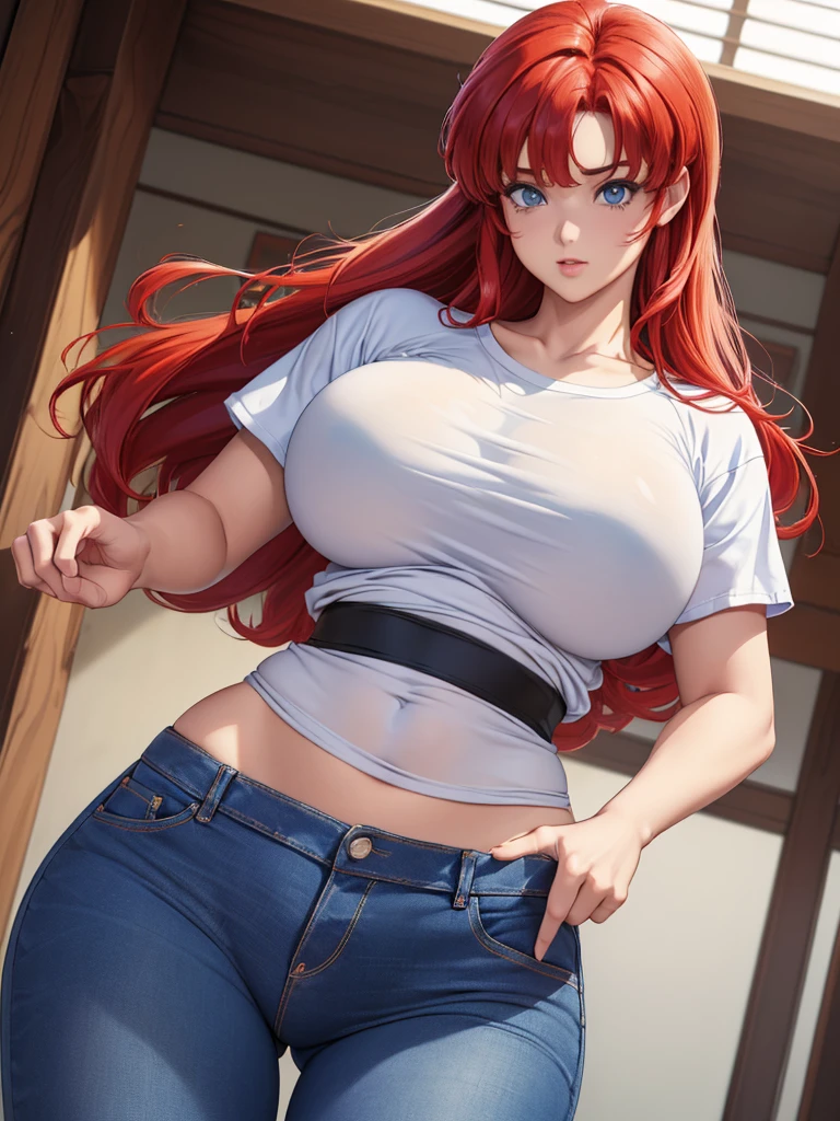 (ranma chan) (ranma saotome)(1solo)(1girl)((Solo)) ((Masterpiece)) ((High Quality)) (slim thick)((Perfect Face)) ((Huge Breasts)) ((Wide Hips)) ((Narrow Waist)) ((Beautiful)) ((Redhead)) ((Long Hair)) ((Light Skin)) ((Cute Nose)) ((BLue Eyes)) ((Young)) ((Transparent Tee Shirt)) ((Jeans))