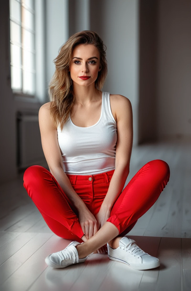 a woman in red and white pants and a white tank top posing for a picture with her legs crossed,raw photo,8k uhd,dslr,soft lighting,high quality,film grain,Hyperrealismus hyperrealistic,detailed face,realistic eyes,European face,