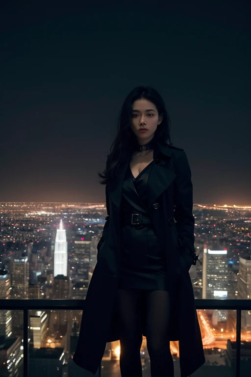 (Black Trench Coat), Night style, in the twilight light, a figure wearing a black trench coat stands on the observation deck of a skyscraper, with a silhouette of the city's skyline behind it. The bright lights reflect the figure's flowing trench coat, (Photography), panoramic view, award-winning, cinematic still, emotional, vignette, dynamic, vivid, (masterpiece, best quality, Professional, perfect composition, very aesthetic, absurdres, ultra-detailed, intricate details:1.3)