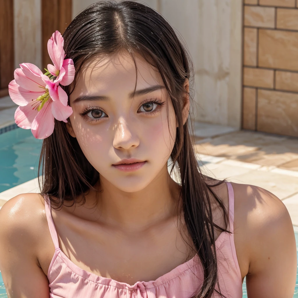 Jisoo girl with moist eyes and a soft hot pink flower dress beautiful sex closely face wash water 