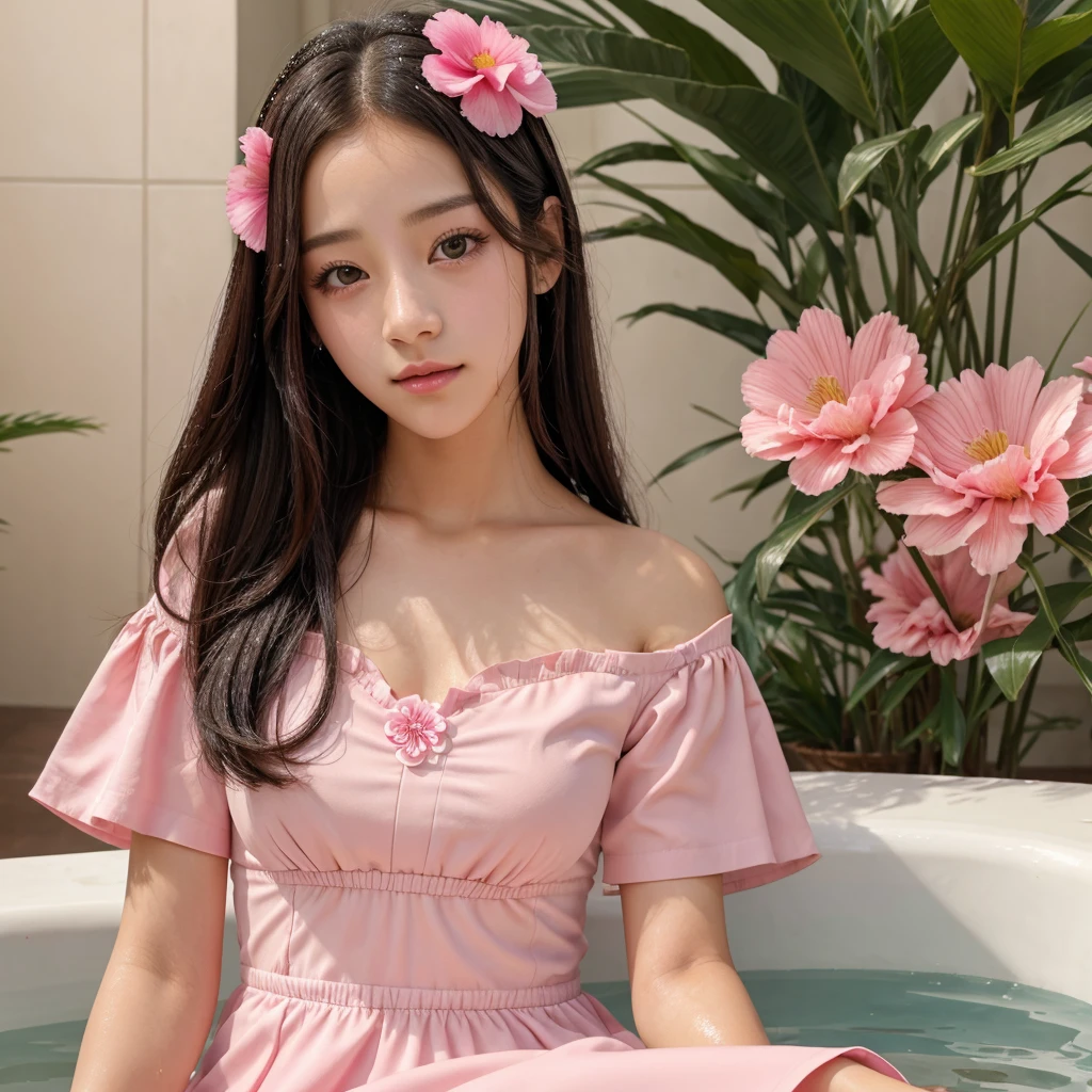 Jisoo girl with moist eyes and a soft hot pink flower dress beautiful sex closely face wash water
