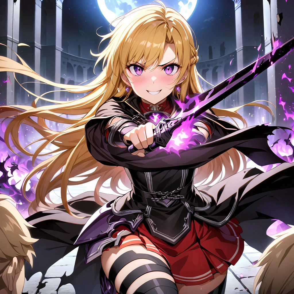 dark persona, Feeling dark energy, destroying, killing people, pile of corpses, at midnight, moon, ???????, looking at viewer, armor, fighting stance, happy, blush, evil grin, black leg armor, knight, long hair, octagonal yin yang mirror, purple eyes, audience, pillars of purple fire, 1 woman, black cape, runes, black dress, Ruined city, gold decoration, Summoning a dark sword, at midnight, gold hair, earring, chains, yin yang, red skirt, beautiful art, depth of field, high res, perfect face, detailed outfi