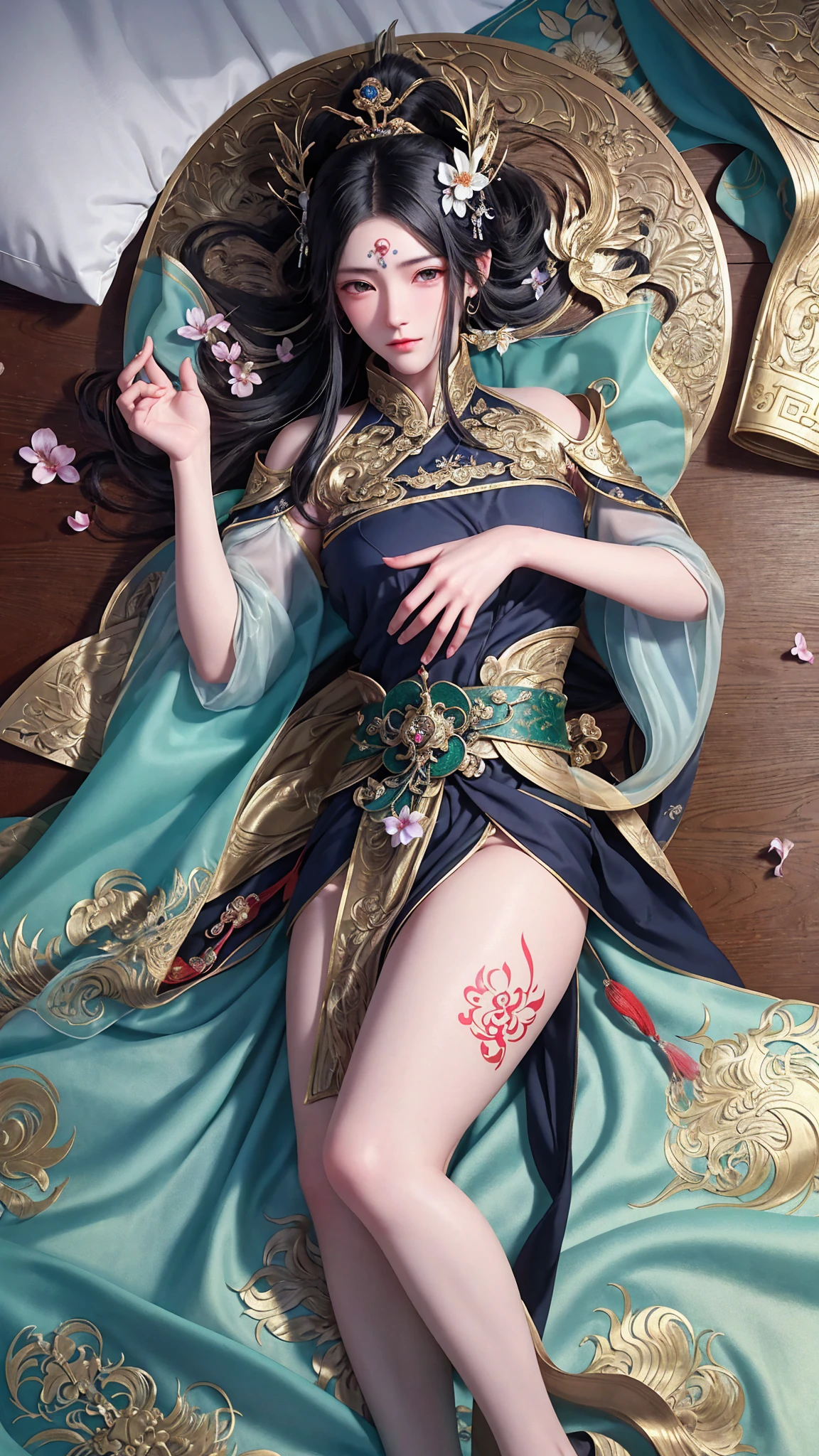 Ancient China woman, above waist,There is a flower tattoo on the bare back,Red and blue-green flowers, on the bed,ukiyo-style, Guviz-style artwork, Guviz, Alphonse mucha and rossdraws, A beautiful artwork illustration, By Li Song, by Yang J, author:Zou Zhe, By Zeng Jing, by Ye Xin, author:Shitao, author:Zhou Fang, korean art nouveau anime
