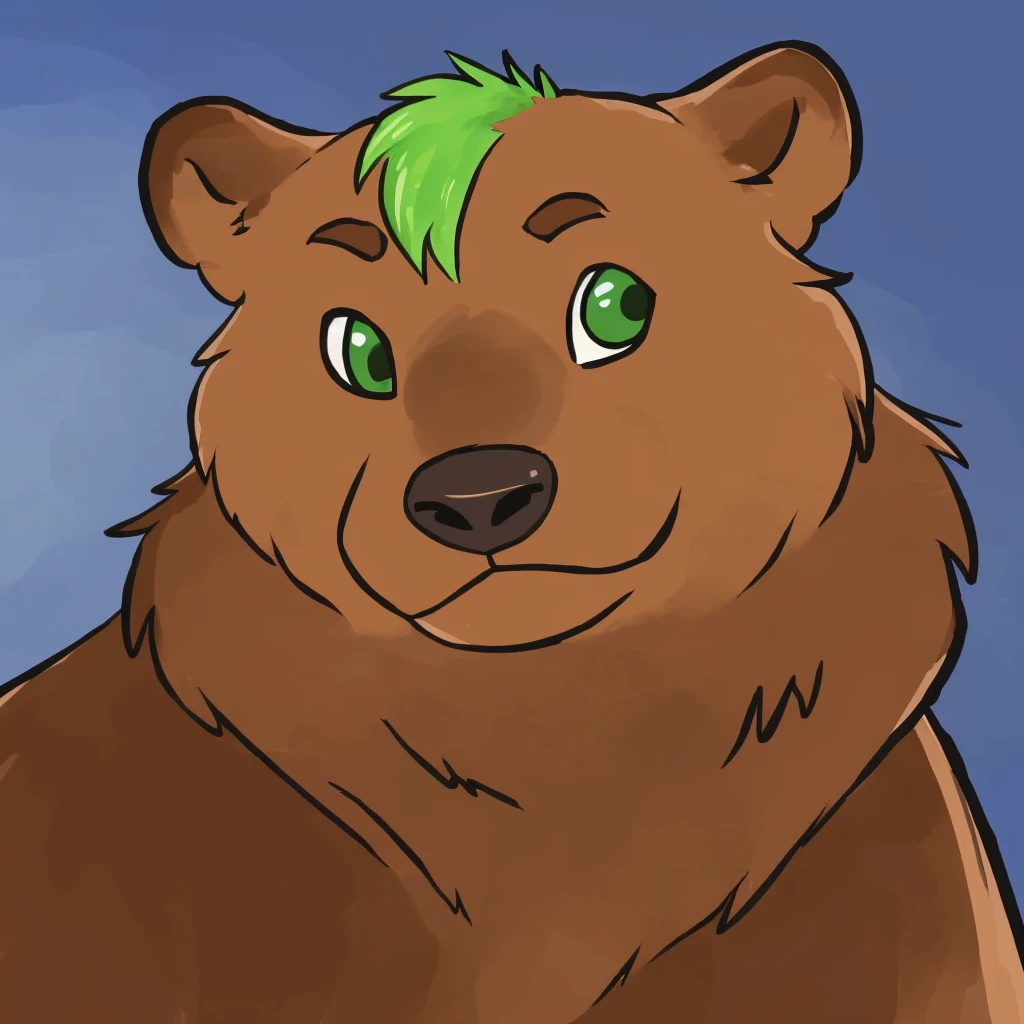 a anthropomorphic grizzly bear with green hair, closed smile, high quality furry art, cute.