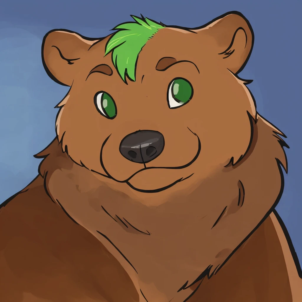 a anthropomorphic grizzly bear with green hair, closed smile, high quality furry art, cute.