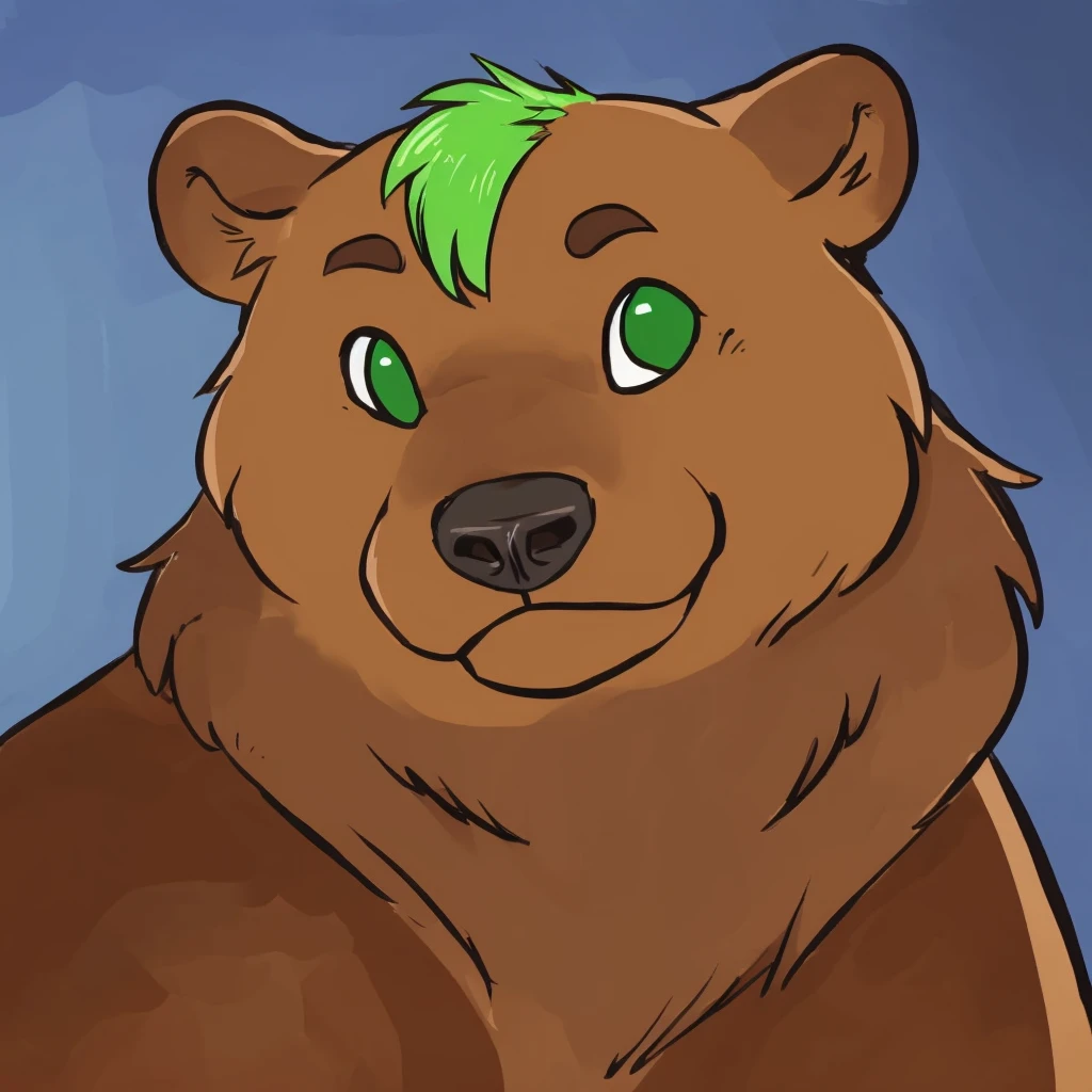 a anthropomorphic grizzly bear with green hair, closed smile, high quality furry art, cute.