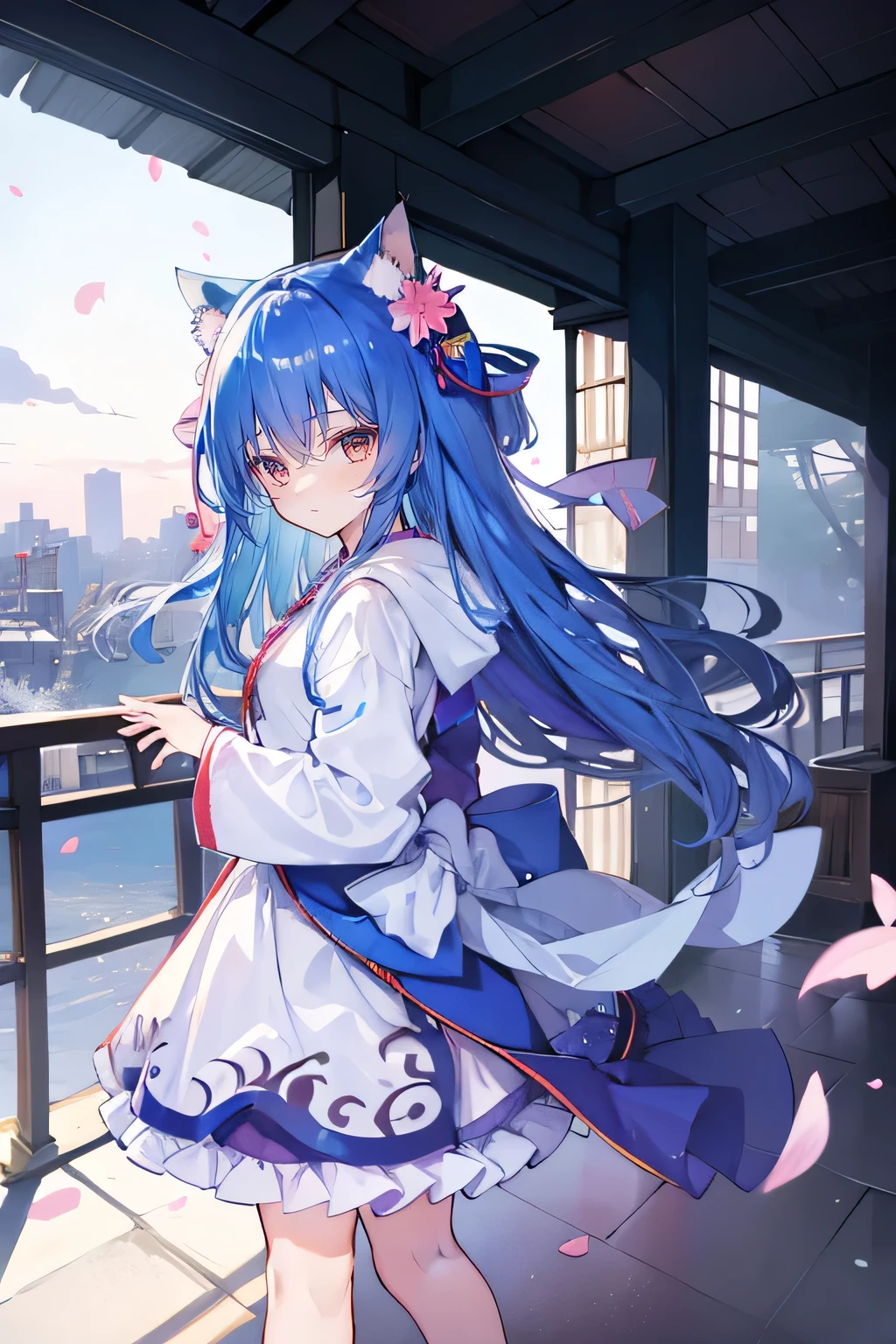 （masterpiece：1.2），Super detailed，lifelike，Expressive eyes，fair skin，perfect face shape，1 girl，
Japanese comics,Gorgeous blue hair,flowing blue hair,flowing clothes,Cat ears,Petals fall,beautiful lola,Baby Angel,
Shaking head with one hand，Cross your legs，Gentle and peaceful background，The pavilion is cool and comfortable,smile, wearing hoodie, background of tokyo,back views,snowing, winter,Angel Wings。