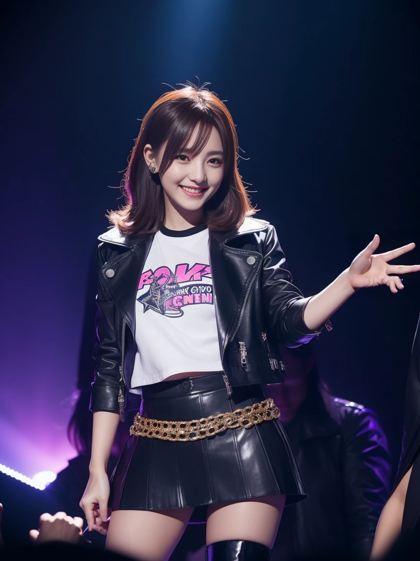 Grup k-pop idols、Female sexy、a smile、Black jacket、t shirt with a view of the valley、Mini skirt with ruffles、kneehigh boots、On stage