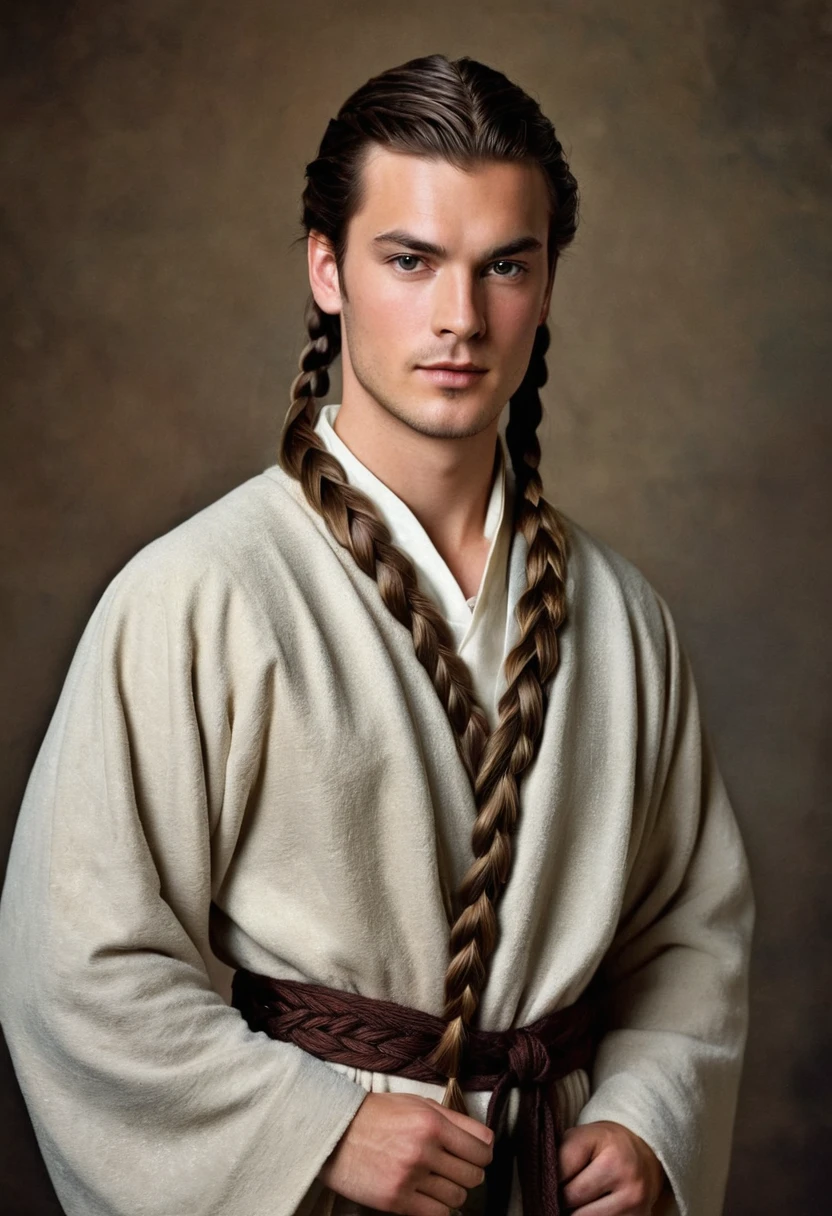 portrait art, young man in robe, half a turn, brown hair with waist-length braid, no beard, medieval era fantasy