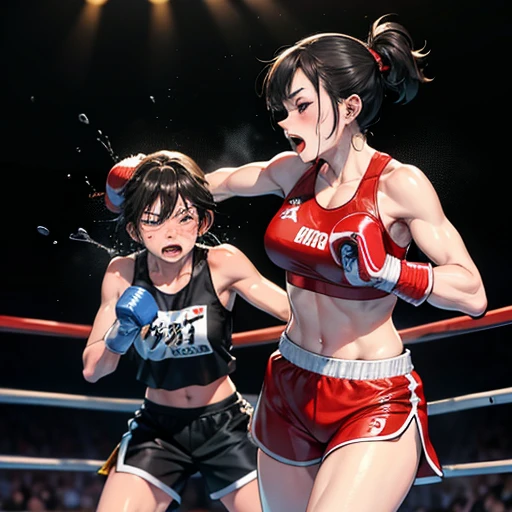 Boxing in the ring。Dynamic punch。Two Japanese female boxers covered in bruises。Sweating a lot。One eye closed, out of breath。Drooling。Boxing gloves。Sports Bra。High leg shorts。