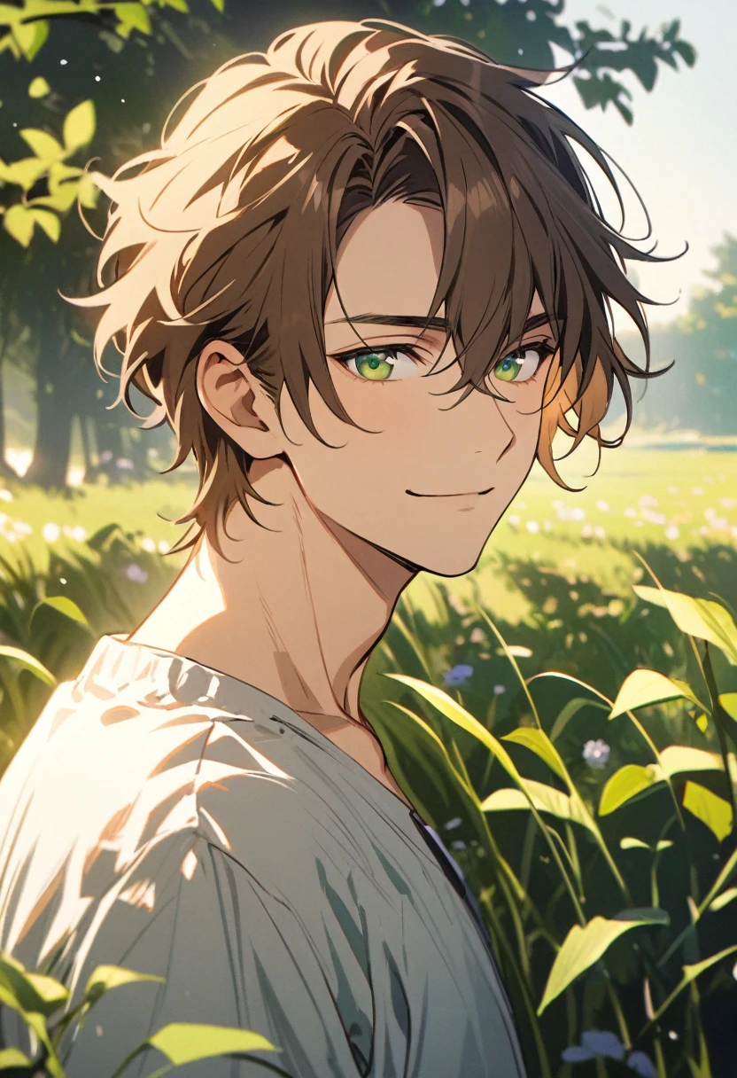 male, brown hair, short hair, solo, green eyes, handsome, beautiful backround, peaceful face