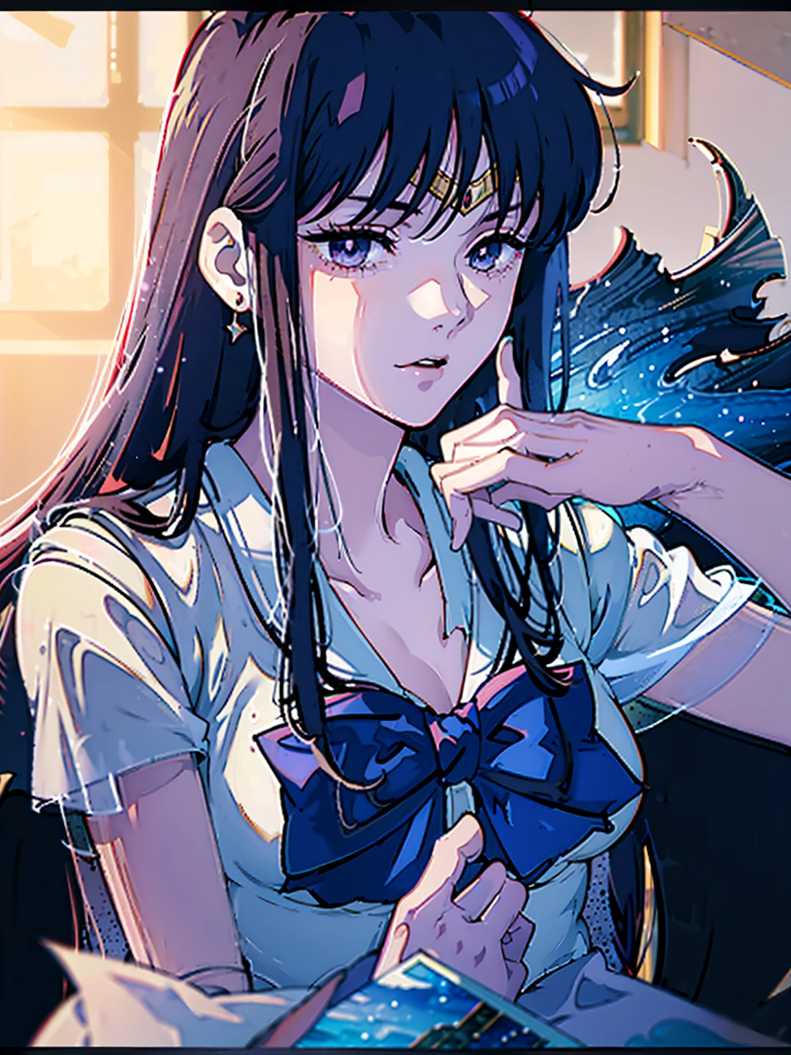 Sailor Mars, Unhealthy face;1.5, Dark Eyes;1.5, Dark circles under the eyes, Long Hair, Long Bangs, Eyes through the bangs, Big eyes,　Blue Eyes