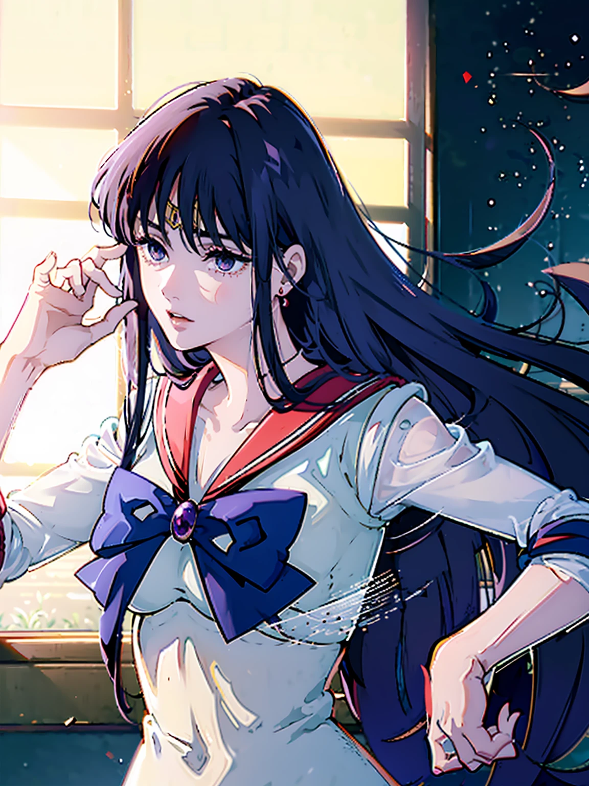 Sailor Mars, Unhealthy face;1.5, Dark Eyes;1.5, Dark circles under the eyes, Long Hair, Long Bangs, Eyes through the bangs, Big eyes, Blue Eyes