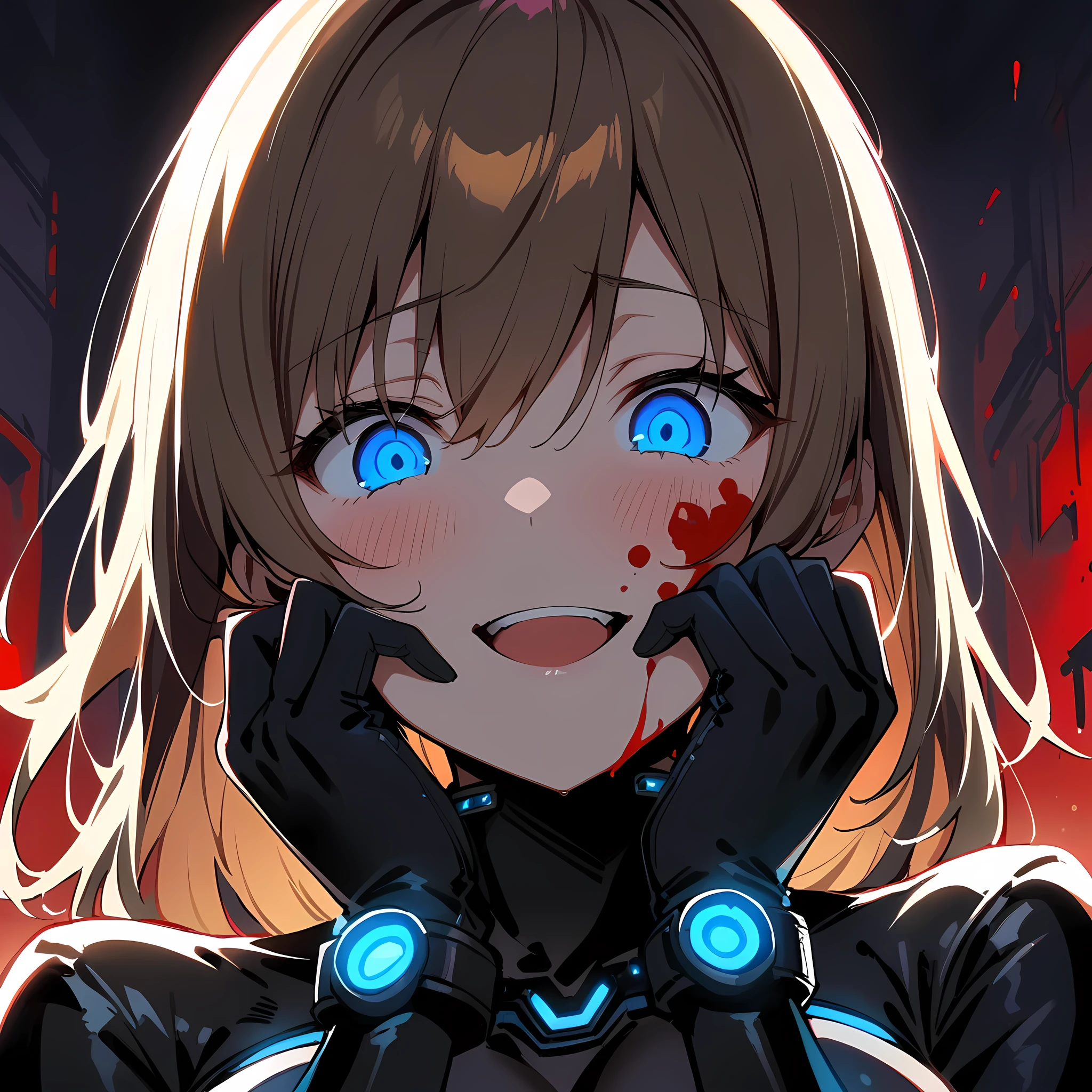 backlighting, from below, 1girl,shaded_eyes, upper body,face close-up,smile, open_mouth,blood_on_face,blood_on_body, yandere, blush, yandere_trance, shadow_on_eyes, shaded_face,hands_on_own_cheeks, hands_on_own_face,looking_at_viewer,Dark Environment,hell,masterpiece, best quality, very aesthetic, absurdres, horror, blood,death,ruin,black background,shimohira_reika(gantz), 1girl, blue_eyes, breasts, large_breasts, brown_hair, long_hair, gantz_suit, black_bodysuit, light