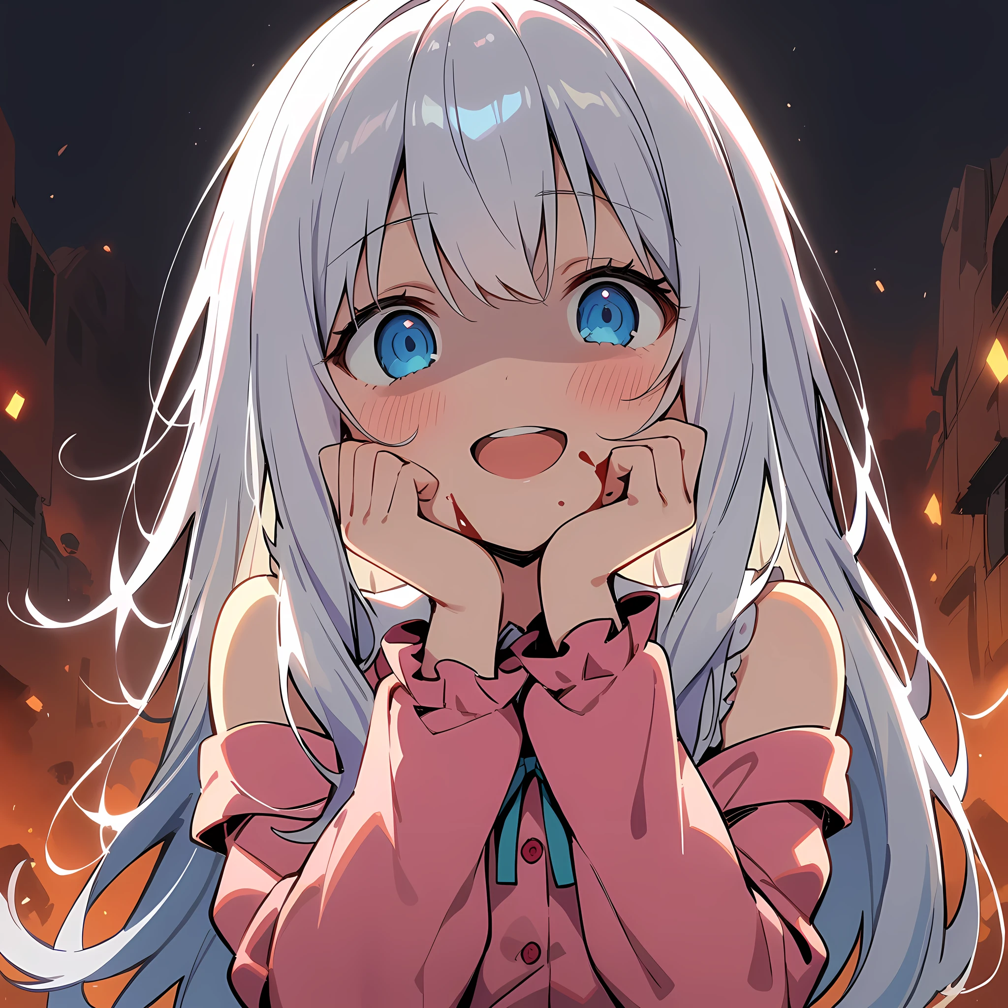 backlighting, from below, 1girl,shaded_eyes, upper body,face close-up,smile, open_mouth,blood_on_face,blood_on_body, yandere, blush, yandere_trance, shadow_on_eyes, shaded_face,hands_on_own_cheeks, hands_on_own_face,looking_at_viewer, bare_shoulders,bare_arms,Dark Environment,hell,masterpiece, best quality, very aesthetic, absurdres, horror, blood,death,ruin,black background,izumi_sagiri, eromanga_sensei, blue_eyes, grey_hair, white_hair, pink_hair_bow, long_hair, low-tied_long_hair, dress, pink_dress, long_sleeves, pajamas