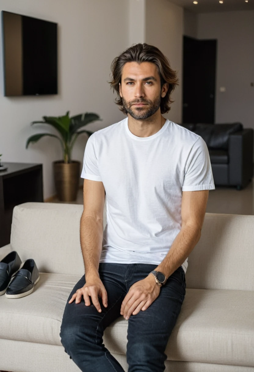 RAW photo, full body, 30-year-old man, casual T-shirt, sitting on the guest sofa, looking towards the viewer, wearing shoes, straight forward position, in front of the point of view, neat hair, 