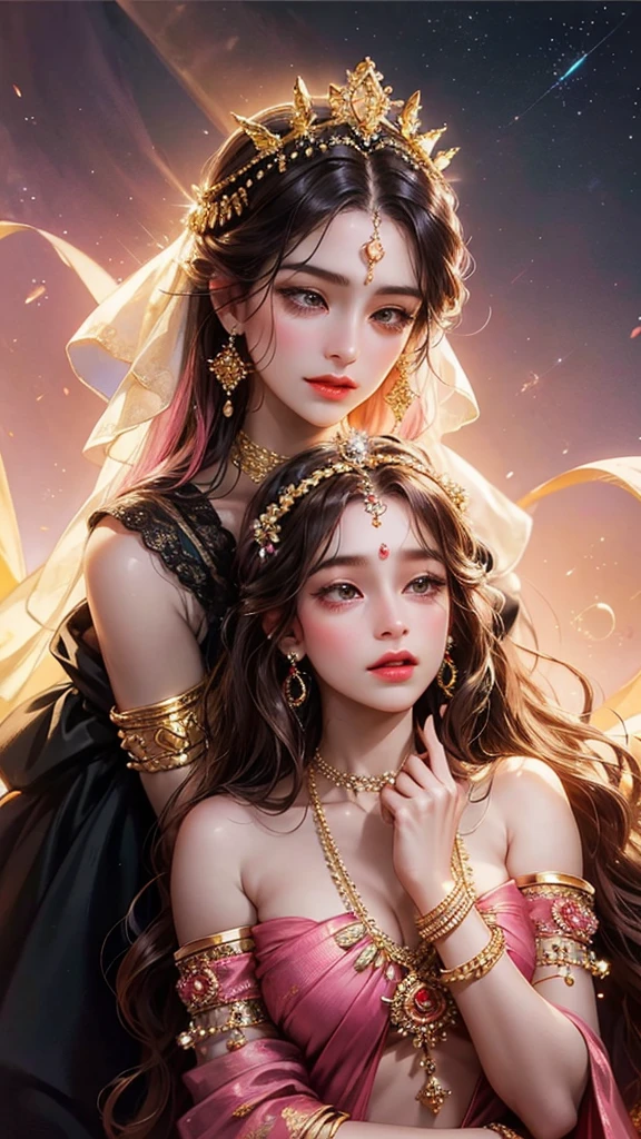 Goddess, very beautiful, animated style, closeup shot, anime in a yellow and pink combination indian saree, long black wavy hair untied, head jewellery, head clips, head chains, head tiara, necklace, long and beautiful earings, armlets, bangles and bracelets, rings, pleasant expression, bright big black eyes, holding a flower, natural beauty, vibrant colors, dreamy, northern light, pink bubble, romantic, soft lighting, vintage aesthetic