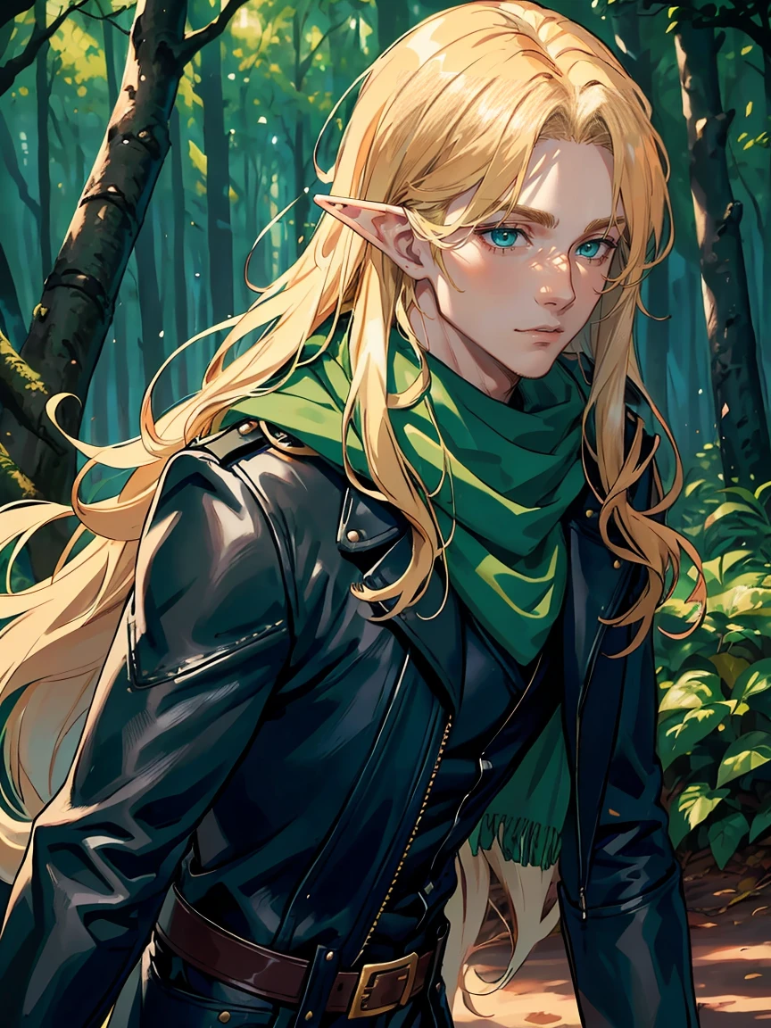 face of very handsome male elf, young, perfect, long golden hair parted in the middle, green eyes, wearing black scarf and medieval blue leather jacket, forest Scenery