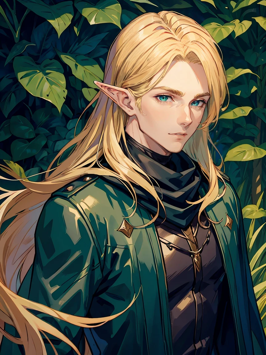 face of very handsome male elf, young, perfect, long golden hair parted in the middle, green eyes, wearing black scarf and medieval blue leather jacket, forest Scenery