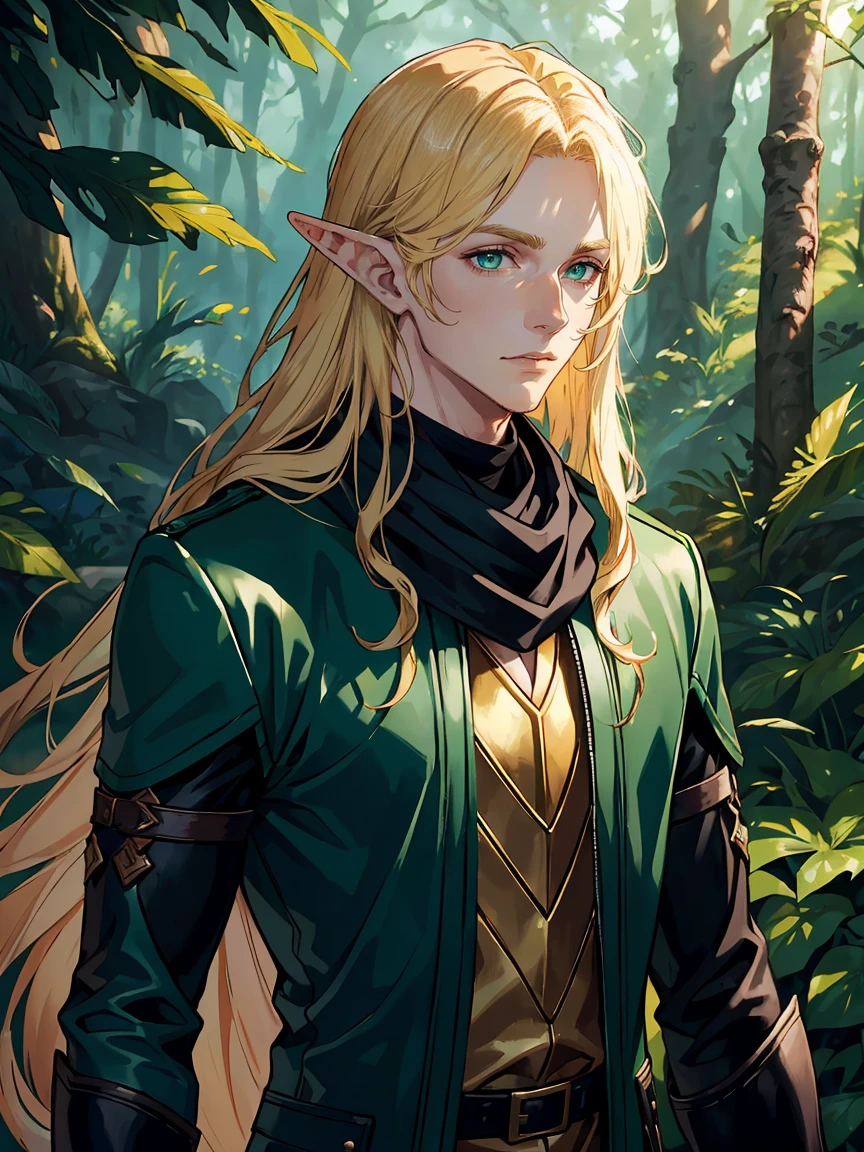 face of very handsome male elf, young, perfect, long golden hair parted in the middle, green eyes, wearing black scarf and medieval blue leather jacket, forest Scenery