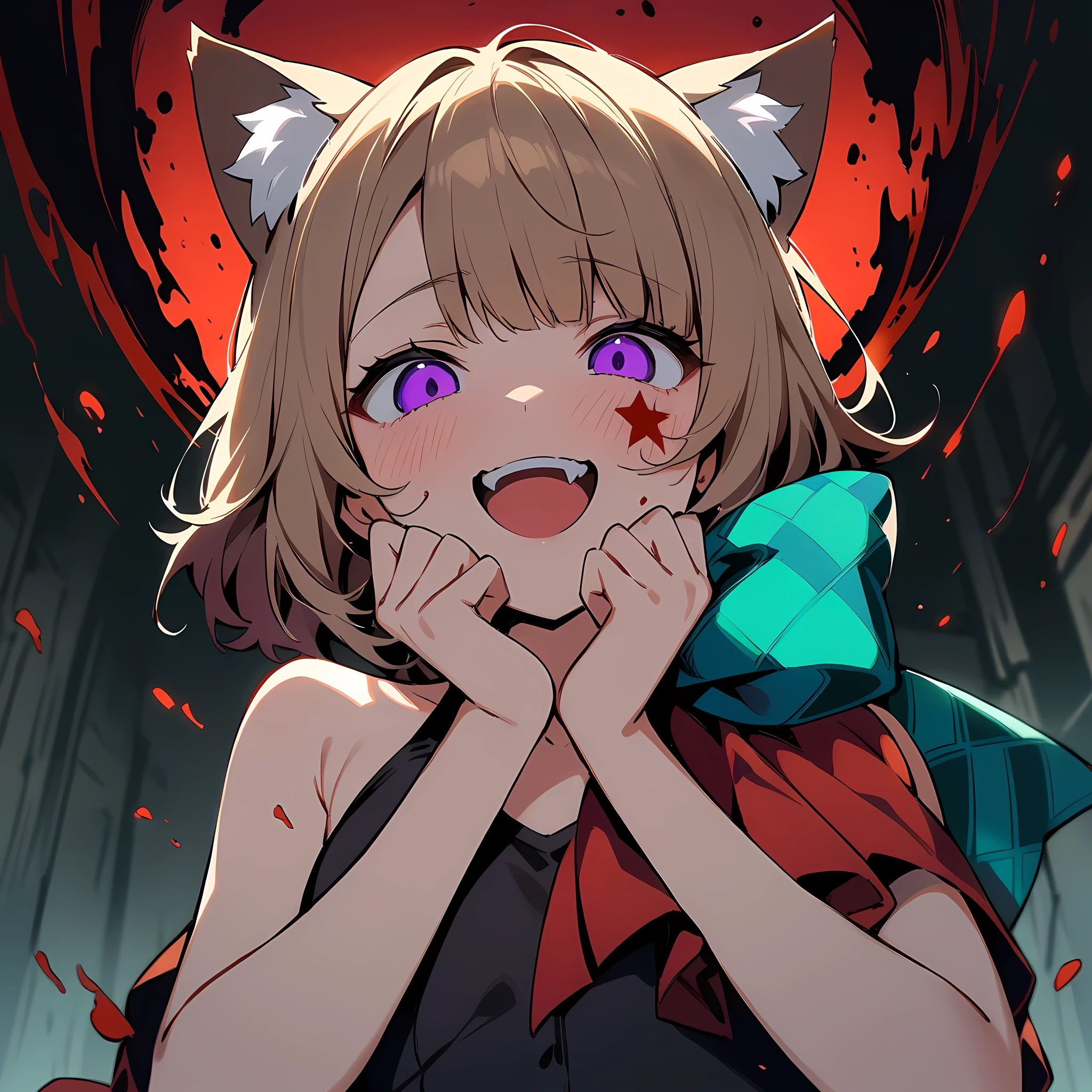 backlighting, from below, 1girl,shaded_eyes, upper body,face close-up,smile, open_mouth,blood_on_face,blood_on_body, yandere, blush, yandere_trance, shadow_on_eyes, shaded_face,hands_on_own_cheeks, hands_on_own_face,looking_at_viewer, bare_shoulders,bare_arms,Dark Environment,hell,masterpiece, best quality, very aesthetic, absurdres, horror, blood,death,ruin,black background,Lynette, animal ear fluff, Animal ears, Cat ears, facial mark, Hair Bow, Purple_eyes, Brown hair, Star, Star on cheek, bow, green bow, Leotard, Long sleeves, miniSkirt, pantyhose, top_hat,