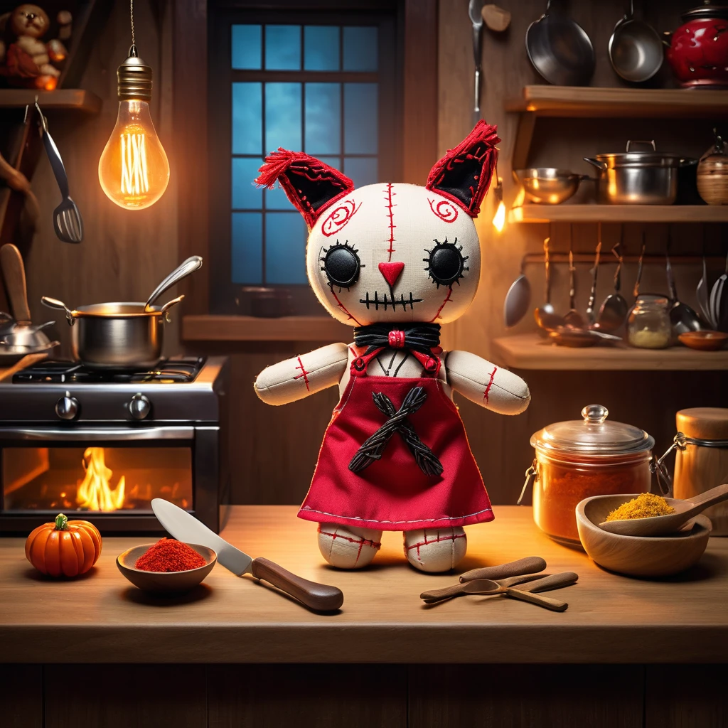 (knitted toy voodoo doll:1.9), (Voodoo Dog:1.3), (Home Chef:1.3), (Clothing: chef’s apron with kitchen patterns:1.0), (Accessories: enchanted wooden spoon emitting a soft glow, levitating spices:1.1), (background: cozy kitchen with floating utensils, glowing stove, and spectral steam:1.2), best quality, masterpiece, detailed soft oil painting, detailed background, dramatic cinematic lighting, soft edge lighting, professional, dramatic lighting, hard edge lighting, ultra quality, 4k, masterpiece, best quality, 8k, ultra high definition, high resolution, extremely detailed