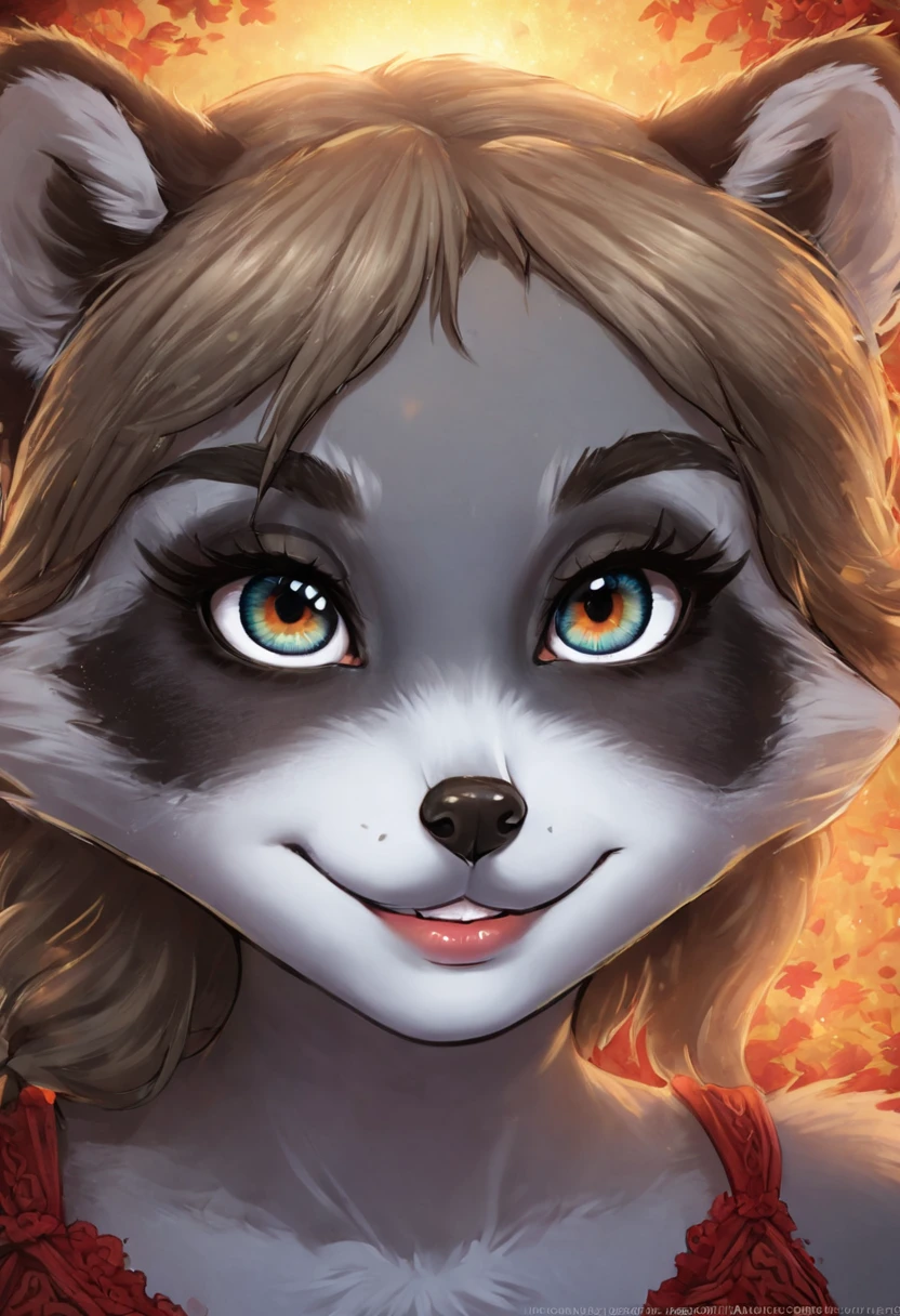 Create an illustrated, hand-drawn, full-color image of an anthropomorphic raccoon girl. The artwork should be rendered in the style of "Breath of the Wild," featuring warm lighting and shadows. Include graphite shading, stencil marks, and airbrushed acrylic paint effects. The image should be of the highest quality, a masterpiece with intricate details. The raccoon girl should have a female, humanoid, furry appearance with grey skin. She should have luscious lips, a wide smile, and bright, expressive eyes, exuding beauty, cuteness, and adorableness. Ensure the image is high resolution and sharply detailed, with a detailed and vibrant background. Incorporate mystical lighting in the background, creating a romantic and enchanting atmosphere.
