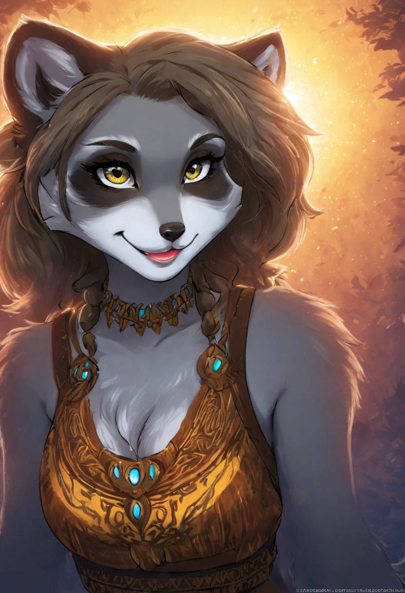 Create an illustrated, hand-drawn, full-color image of an anthropomorphic raccoon girl. The artwork should be rendered in the style of "Breath of the Wild," featuring warm lighting and shadows. Include graphite shading, stencil marks, and airbrushed acrylic paint effects. The image should be of the highest quality, a masterpiece with intricate details. The raccoon girl should have a female, humanoid, furry appearance with grey skin. She should have luscious lips, a wide smile, and bright, expressive eyes, exuding beauty, cuteness, and adorableness. Ensure the image is high resolution and sharply detailed, with a detailed and vibrant background. Incorporate mystical lighting in the background, creating a romantic and enchanting atmosphere.
