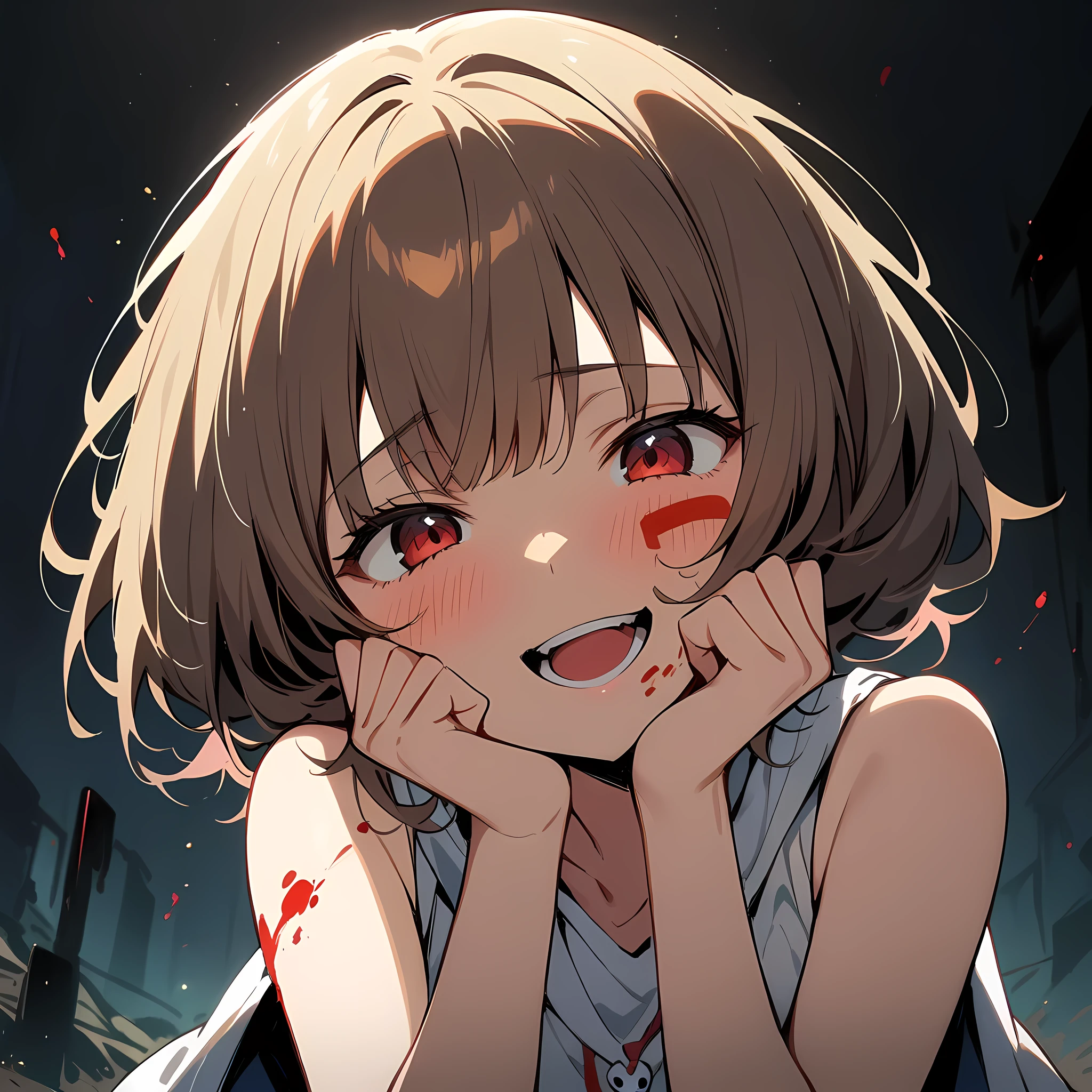 backlighting, from below, 1girl,shaded_eyes, upper body,face close-up,smile, open_mouth,blood_on_face,blood_on_body, yandere, blush, yandere_trance, shadow_on_eyes, shaded_face,hands_on_own_cheeks, hands_on_own_face,looking_at_viewer, bare_shoulders,bare_arms,Dark Environment,hell,masterpiece, best quality, very aesthetic, absurdres, horror, blood,death,ruin,black background,san_(mononoke_hime), mononoke_hime, brown_hair, short_hair, red_facepaint, tooth_necklace, white_fur_cape, white_top, black_short_skirt