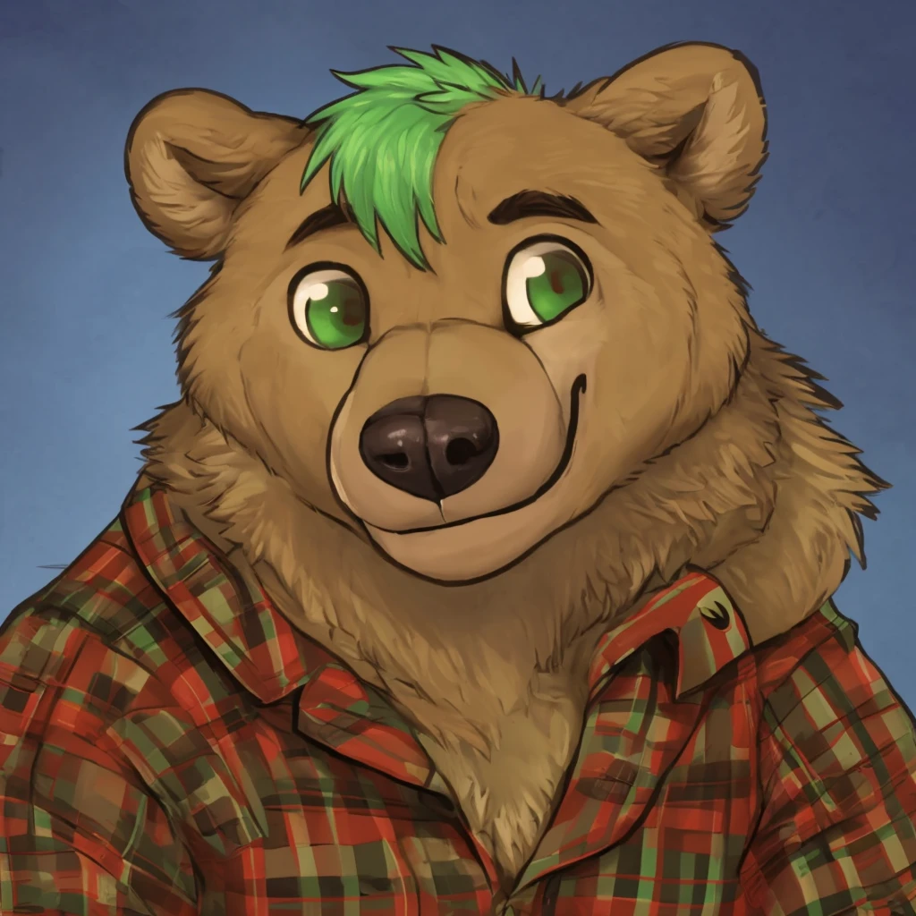 a anthropomorphic grizzly bear with green hair, closed smile, lumberjack shirt, high quality furry art, cute.