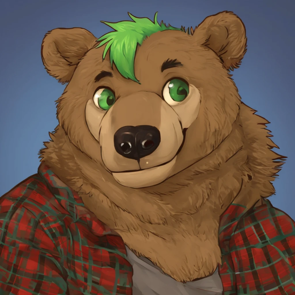 a anthropomorphic grizzly bear with green hair, closed smile, lumberjack shirt, high quality furry art, cute.