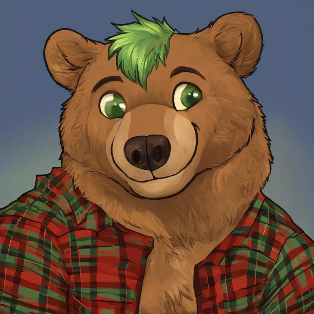 a anthropomorphic grizzly bear with green hair, closed smile, lumberjack shirt, high quality furry art, cute.