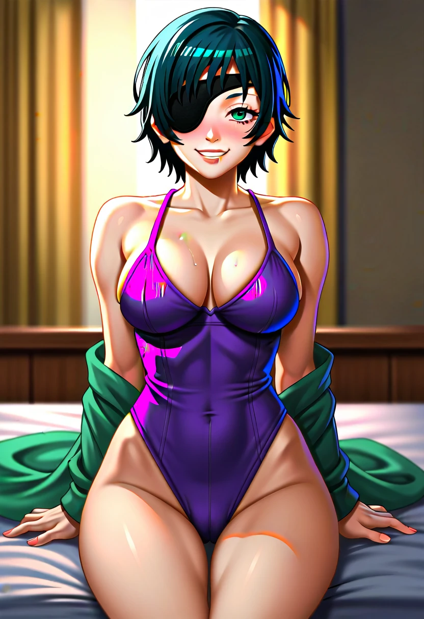 mature female, mature, Adult,((Himeno_CSM)), Himeno(Chainsaw Man), Eye patch, One Girl, solo, Grin, Villain, bad woman, chest, Black Hair, View your audience, short hair, Seductive smile, A woman sits on a group of smooth tentacles, Open your arms, Raise the hand, Purple leotard, sweet, Steam, dripping, warm feeling, masterpiece, Top animation quality,Top image quality,cinematic feeling