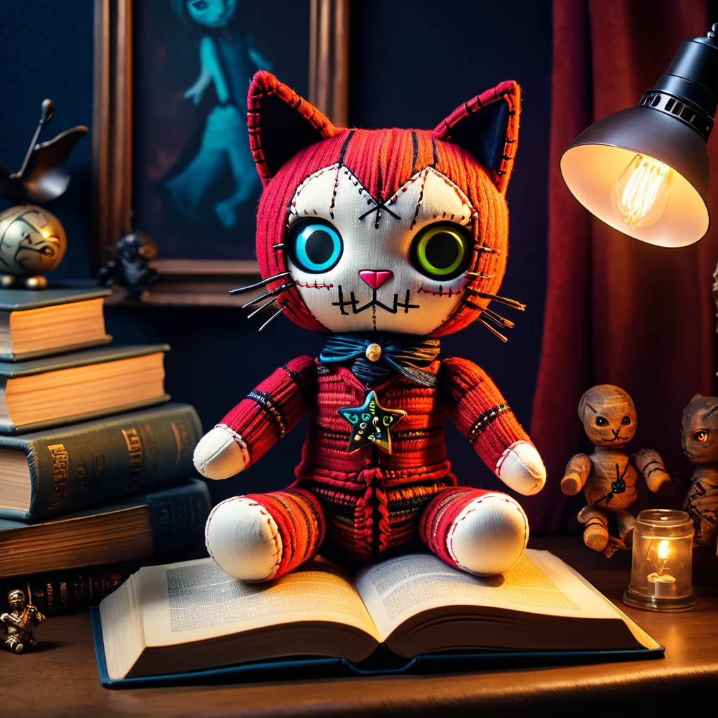 (knitted toy voodoo doll:1.8), (Voodoo Cat:1.3), (Book Lover:1.3), (Clothing: cozy sweater with book patterns:1.0), (Accessories: enchanted book emitting a soft glow, levitating bookmarks:1.1), (background: comfy reading nook with floating books, glowing lamp, and spectral pages:1.2), best quality, masterpiece, detailed soft oil painting, detailed background, dramatic cinematic lighting, soft edge lighting, professional, dramatic lighting, hard edge lighting, ultra quality, 4k, masterpiece, best quality, 8k, ultra high definition, high resolution, extremely detailed