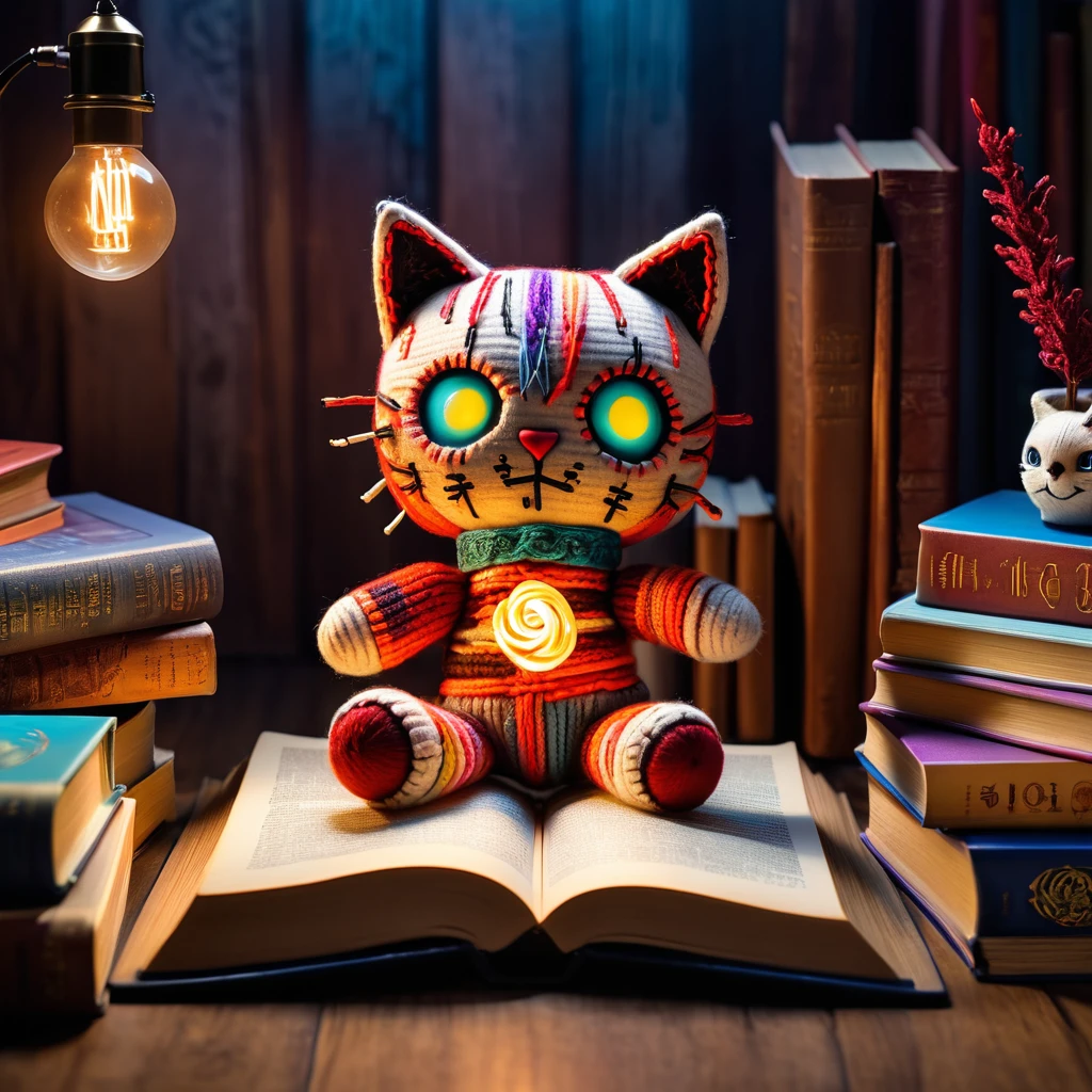 (knitted toy voodoo doll:1.8), (Voodoo Cat:1.3), (Book Lover:1.3), (Clothing: cozy sweater with book patterns:1.0), (Accessories: enchanted book emitting a soft glow, levitating bookmarks:1.1), (background: comfy reading nook with floating books, glowing lamp, and spectral pages:1.2), best quality, masterpiece, detailed soft oil painting, detailed background, dramatic cinematic lighting, soft edge lighting, professional, dramatic lighting, hard edge lighting, ultra quality, 4k, masterpiece, best quality, 8k, ultra high definition, high resolution, extremely detailed