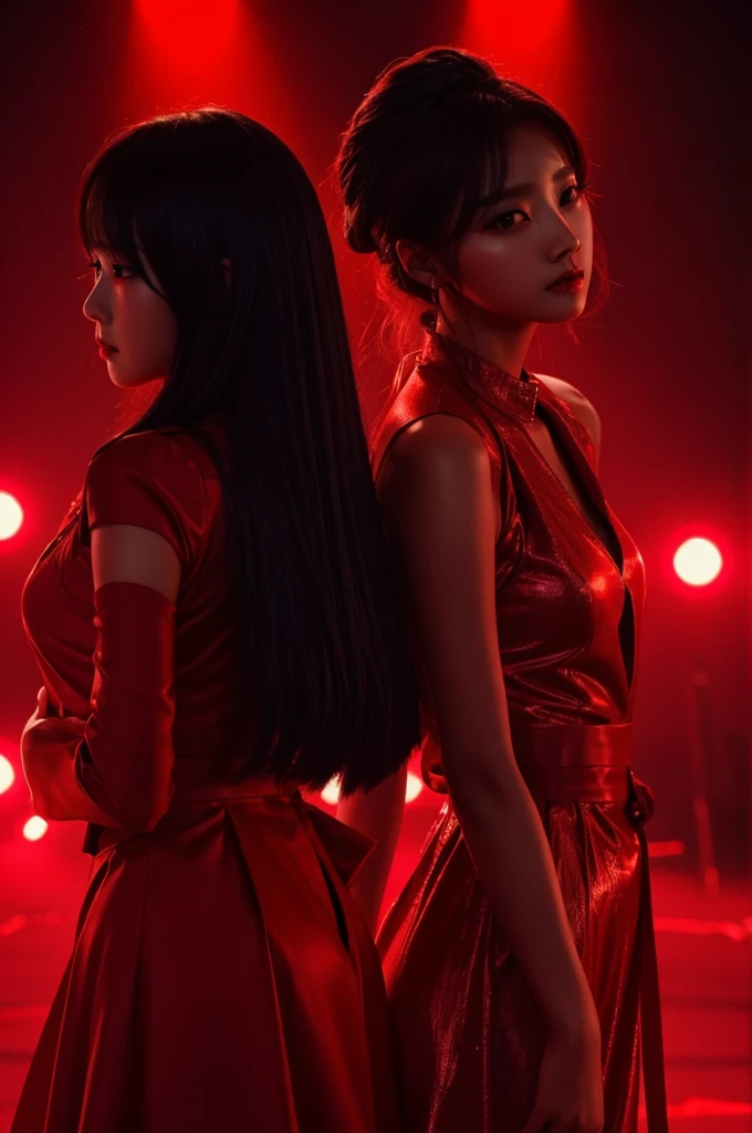 A conceptual photo of a kpop debut the girls in the dark in red with red lights