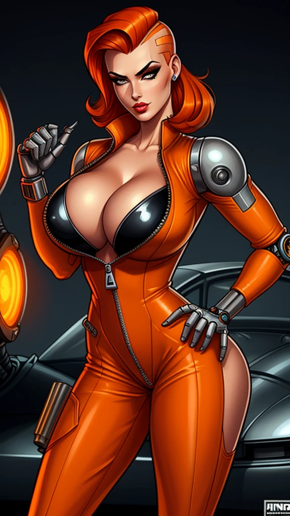 Femme Fatale, gorgeous mechanic, atompunk, blank background, retro-futurism, mechanical hand, cybernetic augments, unzipped orange jumpsuit, gunmetal grey, cleavage, half shaved head, ginger hair