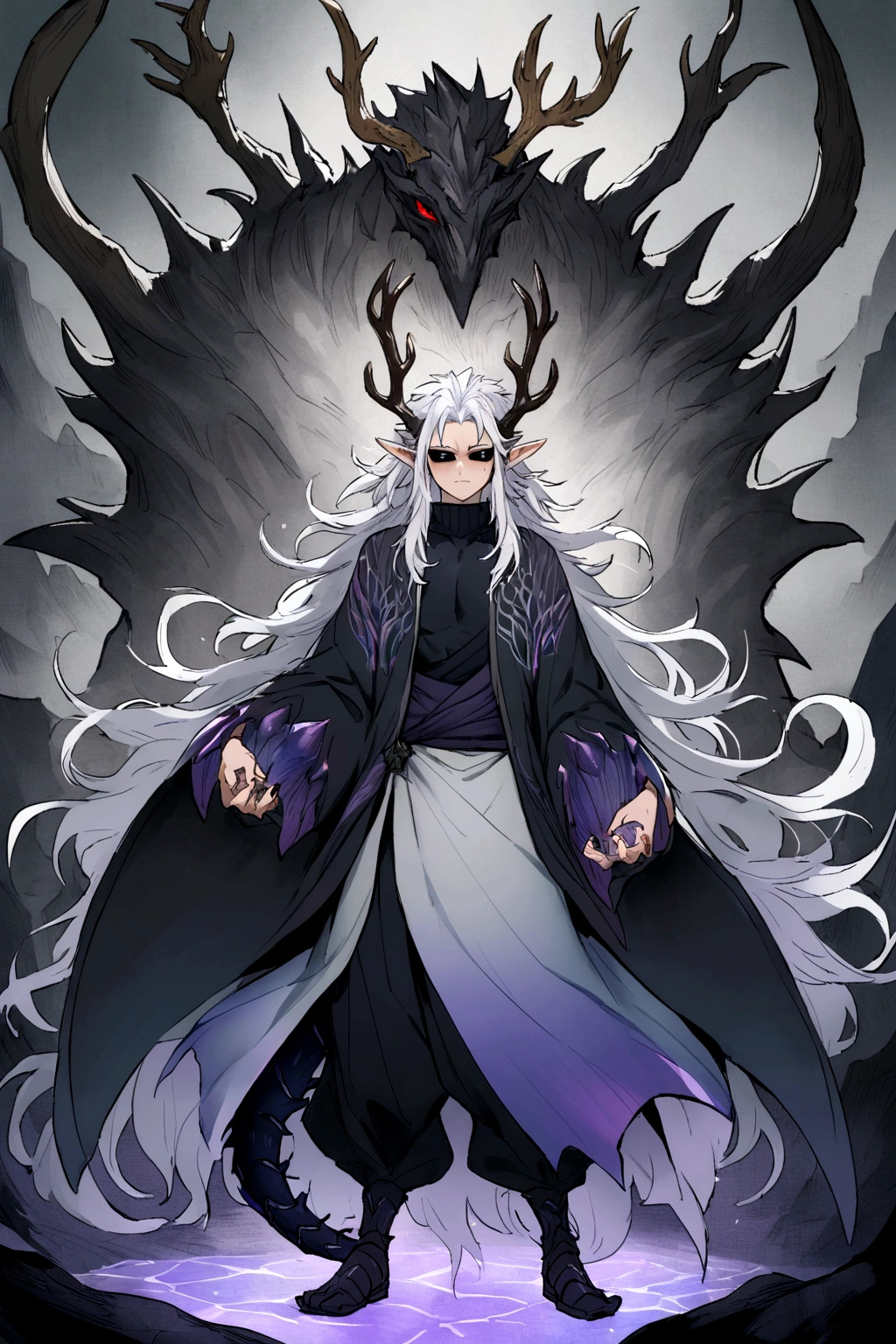 Solo, male , Character fusion: Nibelung fused with nidhoggr, odin and sun wukong, tall tanned man with wild unruly white hair, bangs on face, bangs, ((iridescent irises)), black sclera on eyes, long voluminous hair, spiky hair, pointy ears, fit , clawed fingers, dragon tail, open haori, turtleneck tanktop, dark crystal antlers, exhausted expression, khaenr'ah abyss, draconic person, calamity incarnate,  full body