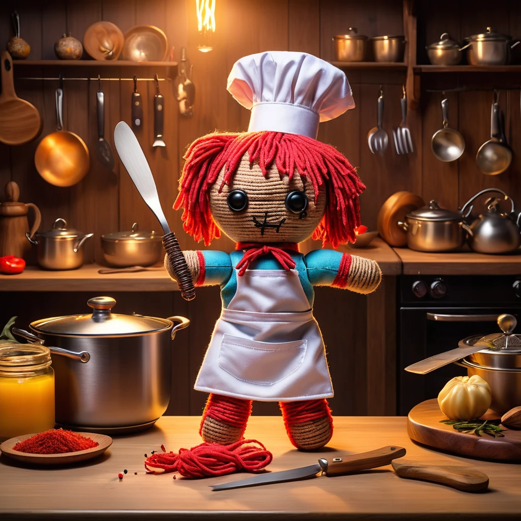 (knitted toy voodoo doll:1.7), (Voodoo Dog:1.3), (Home Chef:1.3), (Clothing: chef’s apron with kitchen patterns:1.0), (Accessories: enchanted wooden spoon emitting a soft glow, levitating spices:1.1), (background: cozy kitchen with floating utensils, glowing stove, and spectral steam:1.2), best quality, masterpiece, detailed soft oil painting, detailed background, dramatic cinematic lighting, soft edge lighting, professional, dramatic lighting, hard edge lighting, ultra quality, 4k, masterpiece, best quality, 8k, ultra high definition, high resolution, extremely detailed