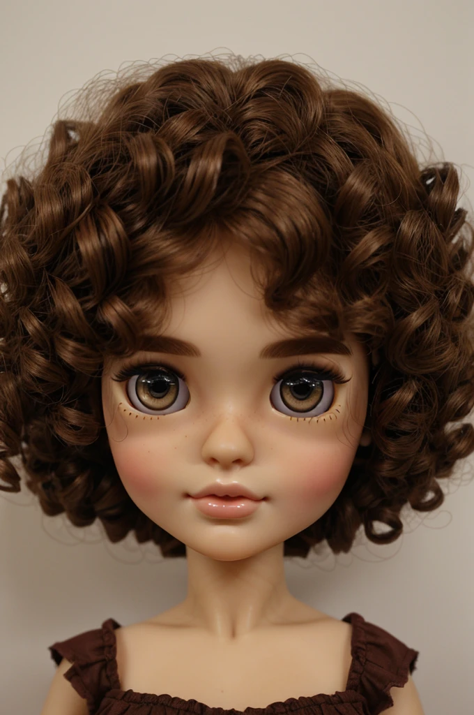 make me a blythe doll, brunette with curly hair and brown eyes