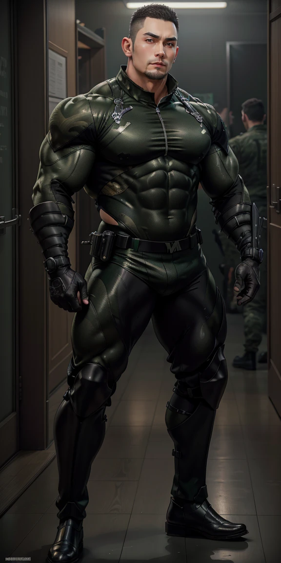 A vista traseira de um particularmente Cao Cao, gigant ass, and muscular police officer.,Dark green khaki camouflage suit,He faced the wall and held it with both hands,round buttocks,Cao Caolights,paper design(Resident Evil - Chris Redfield,Chris Redfield)senior police officer,身穿Dark green khaki camouflage suit,matte texture,Regular symmetrical texture pattern,Standing in the dark sugar cane jungle, The body is wrapped in thick rattan,heroic male pose,高大burly,muscular!Charming leg muscles,Cao Cao, burly, Heqiang, 身穿Dark green khaki camouflage suit, Super winning and cool, high resolution committee, Big feet in black boots,Strong and charming man,Bright sunlight shines on you,Matte particles with shiny texture