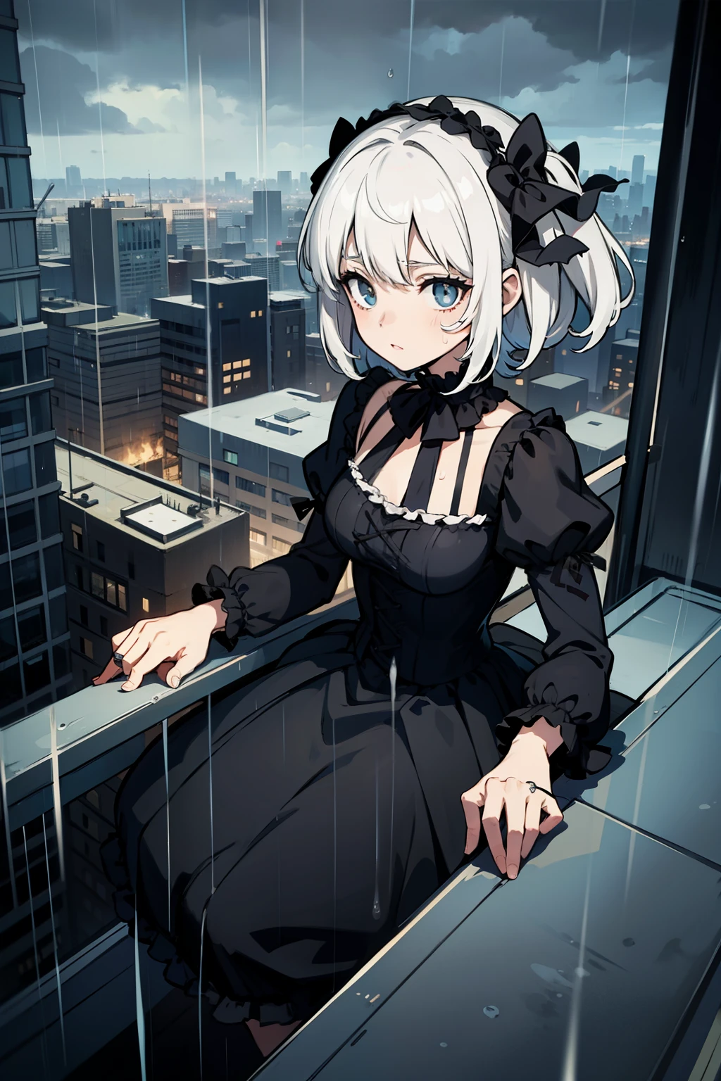 On top of a busy city building,White hair ,Black Lolita,Morbid girl,Gothic,Sadness,rain,Flute