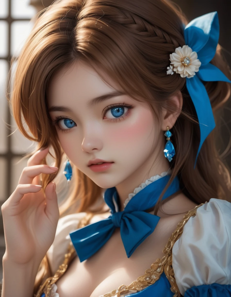 dynamic angle, (close up face), from above, a ultra detailed beautiful photograph, angry, embarrassed, In a luxurious castle, there is a tsundere gal princess. Her hair is golden, and her eyes are a vivid blue. She is dressed in frilly gal fashion, wearing flashy accessories and high heels. However, her attitude is tsundere, seeming cold at first glance, but harboring kindness in her heart.
