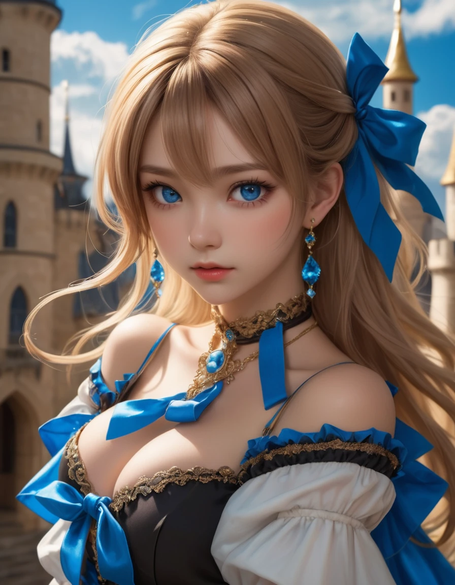 dynamic angle, (close up face), from above, a ultra detailed beautiful photograph, angry, embarrassed, In a luxurious castle, there is a tsundere gal princess. Her hair is golden, and her eyes are a vivid blue. She is dressed in frilly gal fashion, wearing flashy accessories and high heels. However, her attitude is tsundere, seeming cold at first glance, but harboring kindness in her heart.