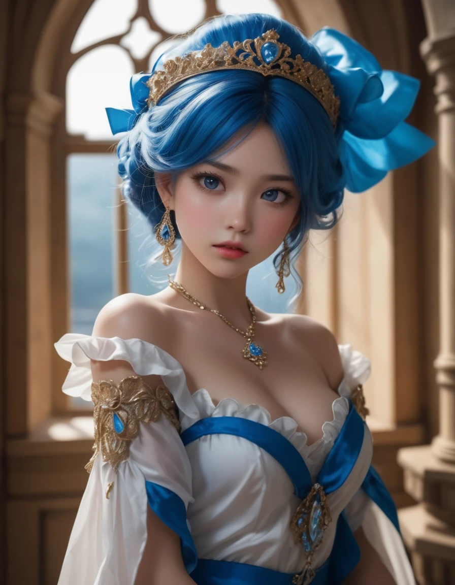 dynamic angle, (close up face), from above, a ultra detailed beautiful photograph, angry, embarrassed, In a luxurious castle, there is a tsundere gal princess. Her hair is golden, and her eyes are a vivid blue. She is dressed in frilly gal fashion, wearing flashy accessories and high heels. However, her attitude is tsundere, seeming cold at first glance, but harboring kindness in her heart.