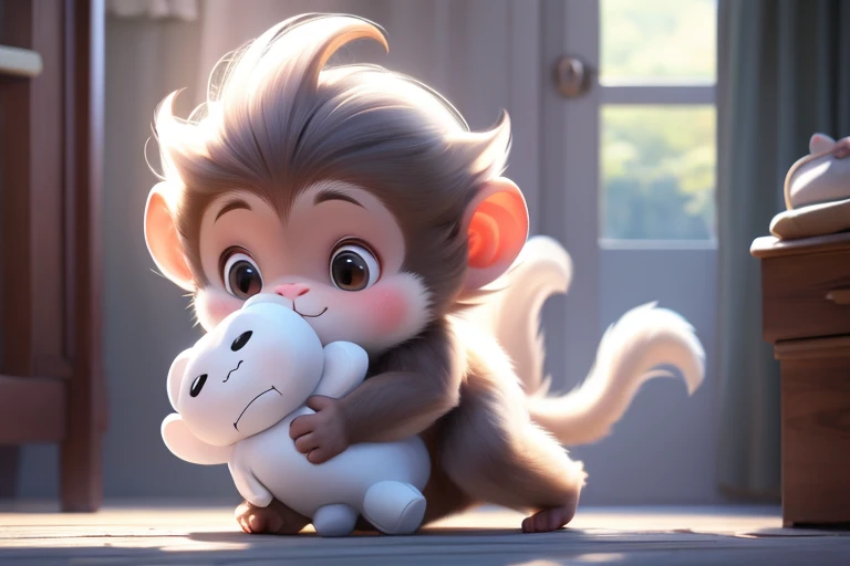 little monkey hugging his white stuffed toy, in a hurry