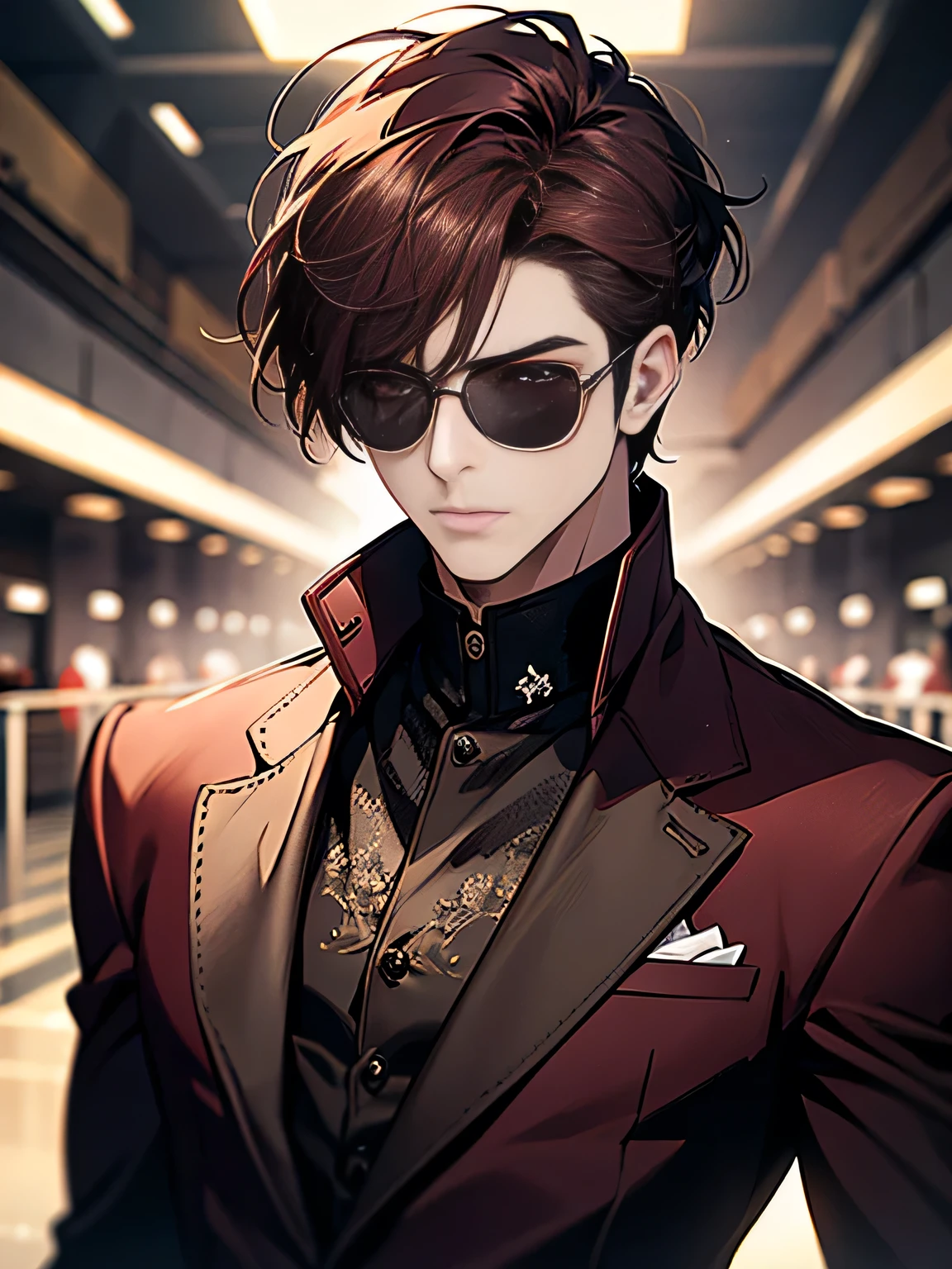 (ultra detailed, perfect pixel, A high resolution, Best quality, beautiful eyes with high detail), male, short hair, Partial bangs, dark burgundy hair, light red eyes, Black suit, Sunglasses, modern, commander, Blur, 8 k, super detail, accurate, Best quality.