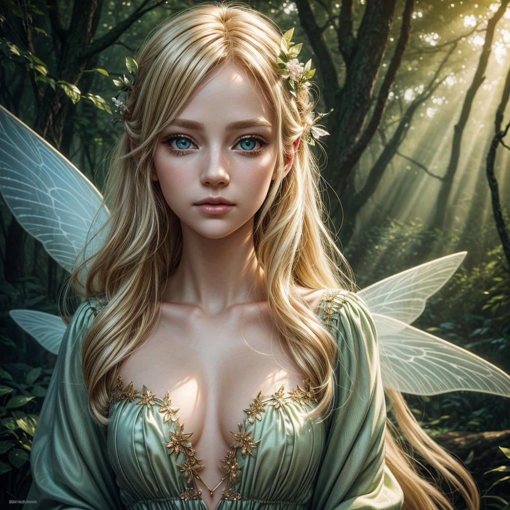 A beautiful blonde-haired green-eyed fairy girl, detailed portrait, detailed face, beautiful detailed eyes, beautiful detailed lips, extremely detailed eyes and face, long eyelashes, delicate porcelain skin, whimsical expression, ethereal aura, fairy wings, glowing magical energy, lush fantasy forest background, sunbeams, golden hour lighting, vibrant colors, cinematic lighting, photorealistic, 8k, best quality, masterpiece