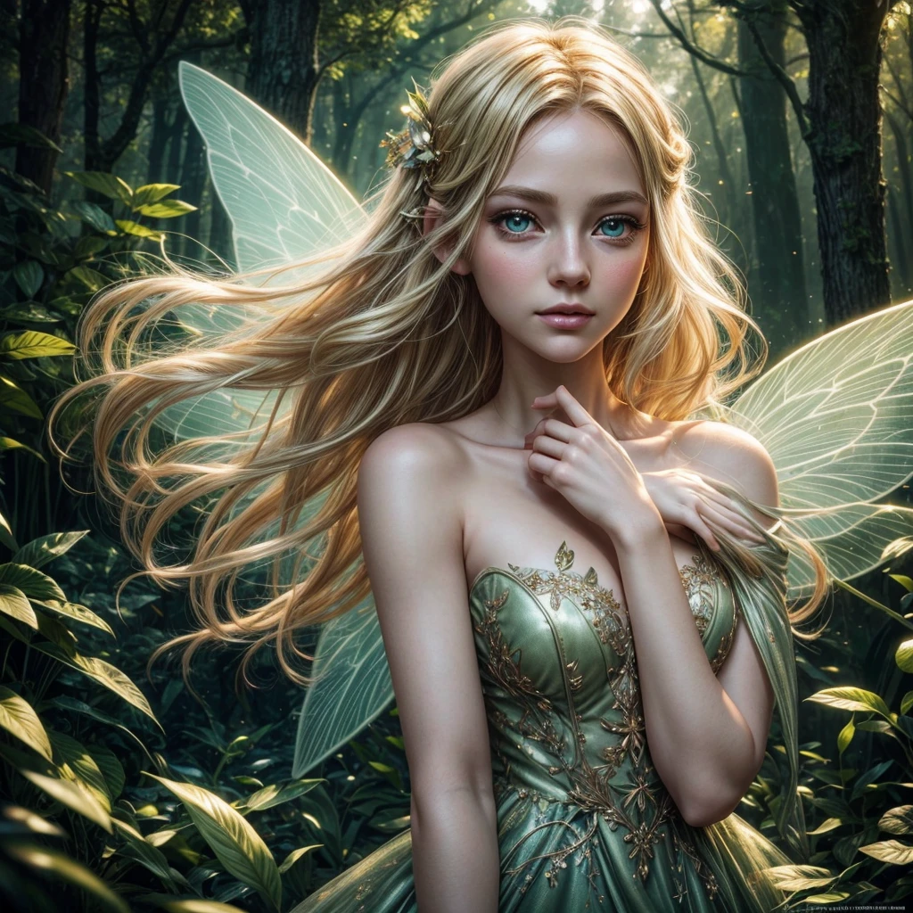 A beautiful blonde-haired green-eyed fairy girl, detailed portrait, detailed face, beautiful detailed eyes, beautiful detailed lips, extremely detailed eyes and face, long eyelashes, delicate porcelain skin, whimsical expression, ethereal aura, fairy wings, glowing magical energy, lush fantasy forest background, sunbeams, golden hour lighting, vibrant colors, cinematic lighting, photorealistic, 8k, best quality, masterpiece